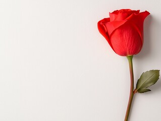 Fototapeta premium A vibrant red rose rests elegantly against a light backdrop, symbolizing love and beauty.