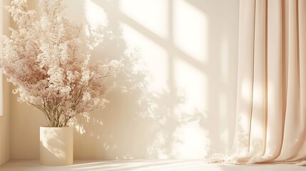 Dried flowers in a beige vase near a sheer curtain