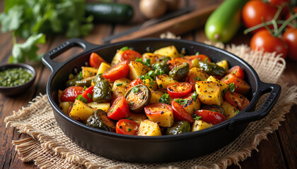 Vibrant ratatouille served in rustic kitchen, culinary artistry
