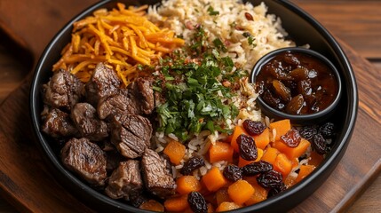 Lamb and rice bowl, assorted vegetables, raisins, wooden background, healthy meal