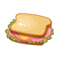 Sandwich with ham, cheese, and lettuce. Snack, fast food, breakfast. Isolated vector illustration. Perfect for Street Cafe, Restaurant menu, flyer, brochure, banner