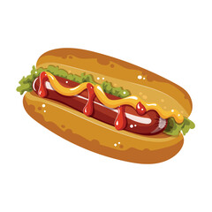 Delicious hot dog with mustard, ketchup, lettuce. Fast food concept. Isolated vector illustration for Street Cafe, Restaurant menu, flyer, brochure, banner