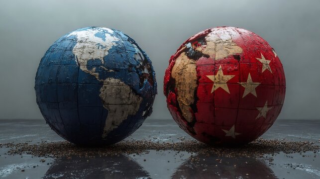 Planet earth globes showing usa and china facing each other - Powered by Adobe