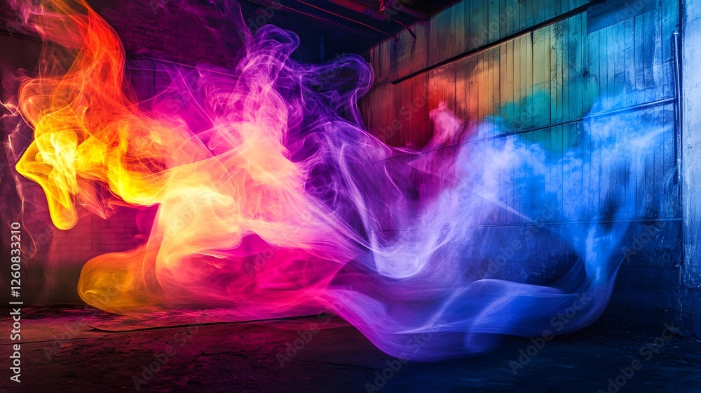Poster Energetic and dynamic abstract composition with swirling smoke flames and vivid colorful lighting effects evoking a sense of cosmic primordial energy and mystical transcendent atmosphere