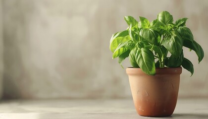 Fototapeta premium Fresh basil plant in white pot on white wooden table indoors, closeup