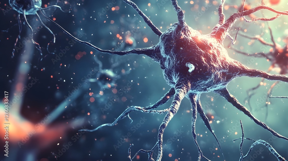 Poster Energetic fractal pattern of interconnected neurons firing signals and transmitting information within the human brain  Science and medical concept of neurology cognitive function and nervous system
