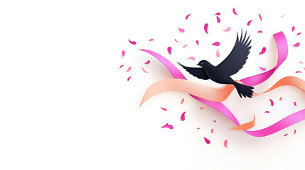 Fototapeta premium Black Bird with Ribbons and Flower Petals on White Background