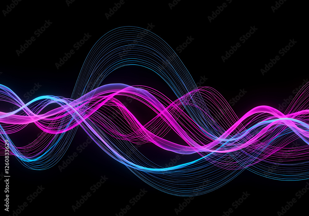Poster colorful waves in shades of pink and blue flowing against a black background, creating a dynamic and