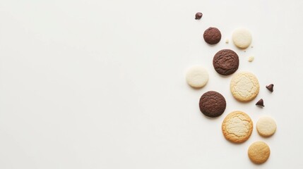 A minimalist scene of various cookies including sugar cookies, chocolate chip, and shortbread, arranged on a clean white background with simple, elegant styling.