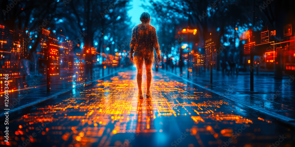 Poster futuristic ai-powered navigation technology with sensor-enhanced smart cane in urban environment