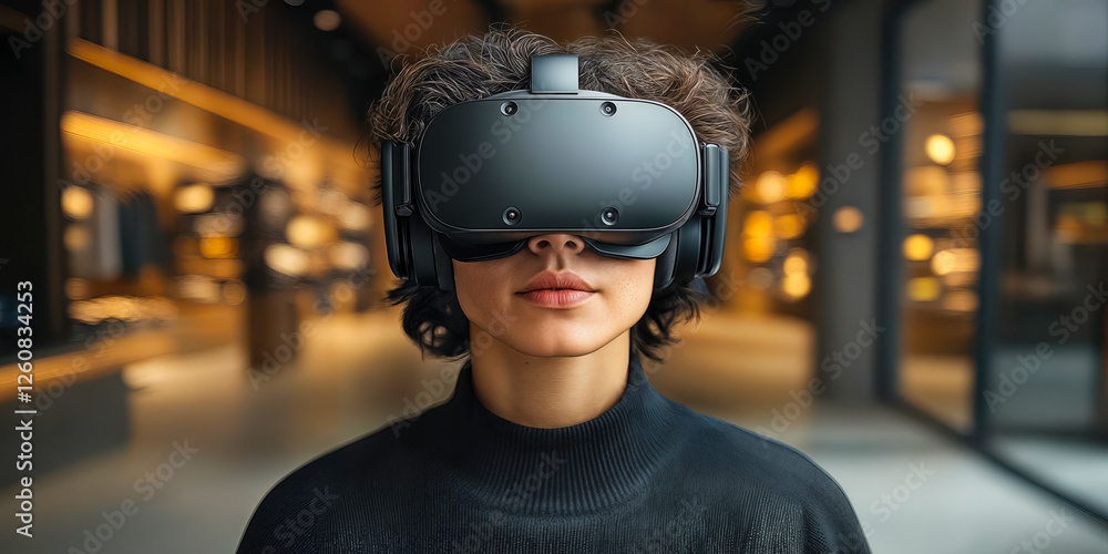 Poster immersive virtual shopping experience with virtual reality headset in modern retail environment usin