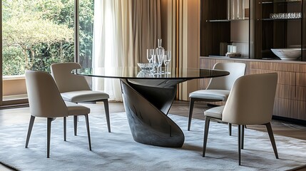 modern dining area with glass table and four chairs 