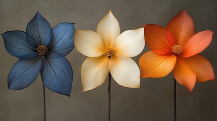 Obraz premium Three stylized flowers in blue cream and orange hues