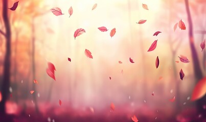 Autumn leaves falling in a forest, soft light