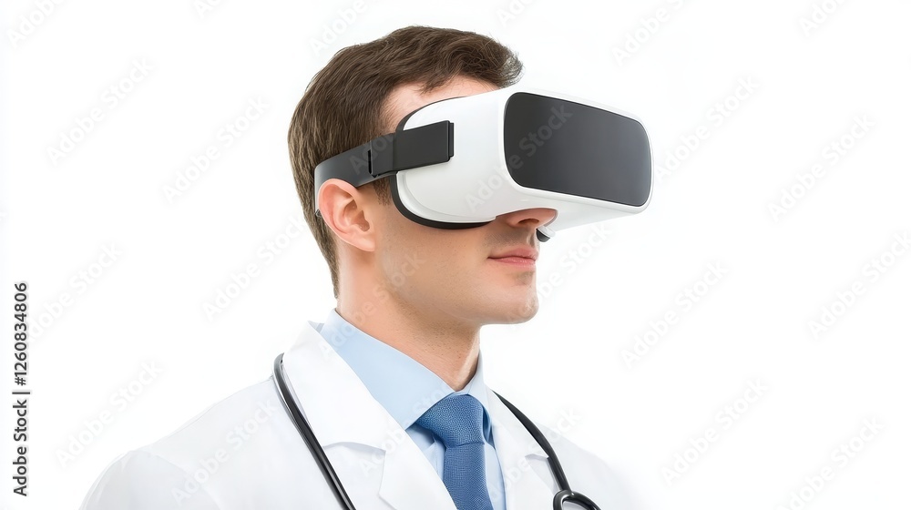 Poster man immersed in virtual reality experience with headset, exploring digital worlds