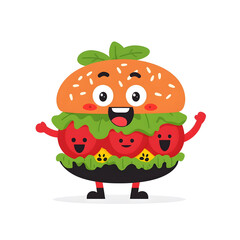 Cute Cartoon Hamburger Character with Smiling Faces in Bright Colors