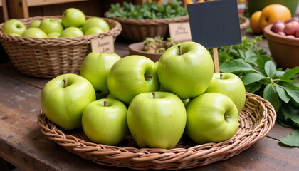 Fresh green apples arranged in a basket for cooking blogs, websites, grocery themes, healthy eating promotions, food illustrations, and nutritional awareness materials