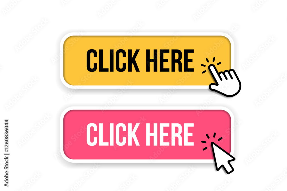 Fototapete Click here web buttons with hand cursor. Set of action button with arrow pointer. Click button. Modern action button mouse click symbol. Computer mouse click cursor or Hand pointer symbol.
