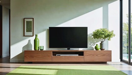 Serene living space with wooden TV console and green accents for a harmonious atmosphere