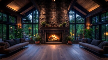 Fototapeta premium Cozy interior of traditional irish room with rustic fireplace and aged stone, perfect for relaxed gatherings and warm ambience