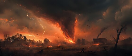 Fototapeta premium Colossal Tornado Tears Through Remote Prairie Destruction and Debris Scatter