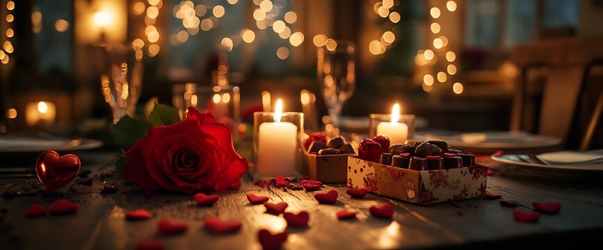Romantic table setting with rose, heart-shaped candies, chocolates and candle light dinner for two