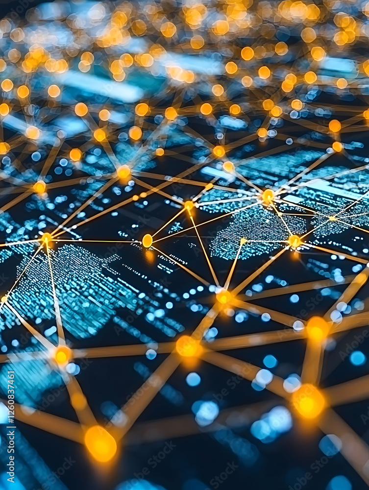 Poster abstract digital network visualization. glowing nodes connect across a world map data stream. ideal 