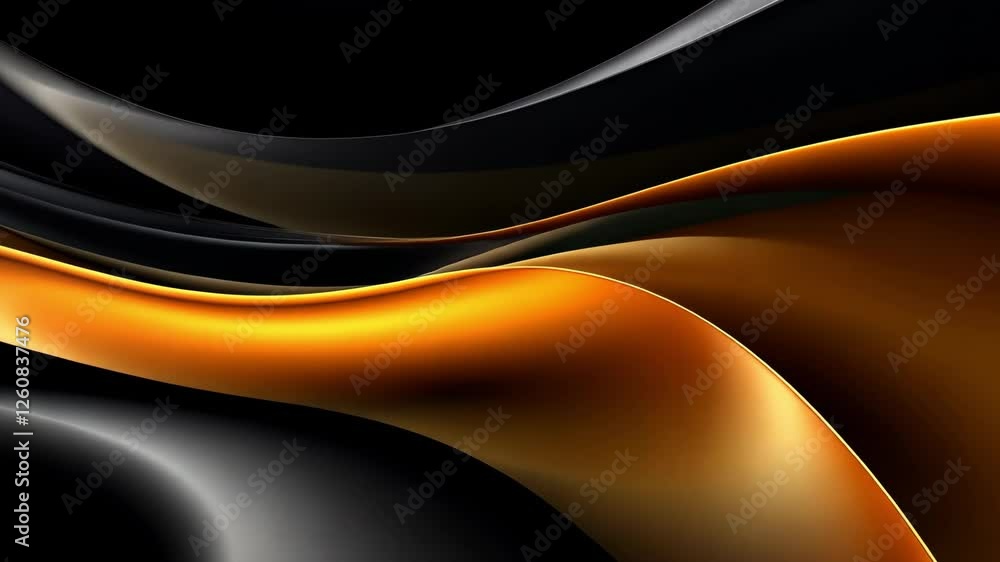 Poster Immerse in the elegance of abstract art with dynamic, flowing lines on a black background. Metallic gold and shiny black elements interweave, creating depth and fluidity resembling waves or ribbons.