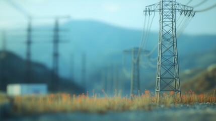 Power lines and lights in the dark. A smart electrical pylon is a small electrical pylon. Technology installed in a grid. Electrical wires and illumination in the lifestyle darkness.