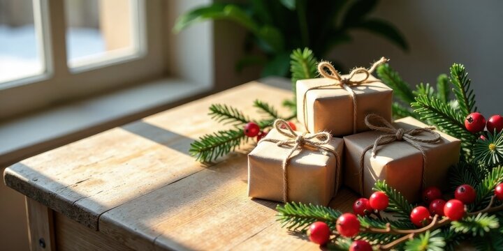 Sunlight illuminates three modestly wrapped gifts resting on a wooden surface, adorned with evergreen boughs and vibrant red berries.
