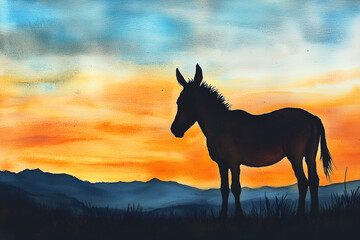 Naklejka premium Watercolor Donkey Silhouette at Sunset Mountain Landscape