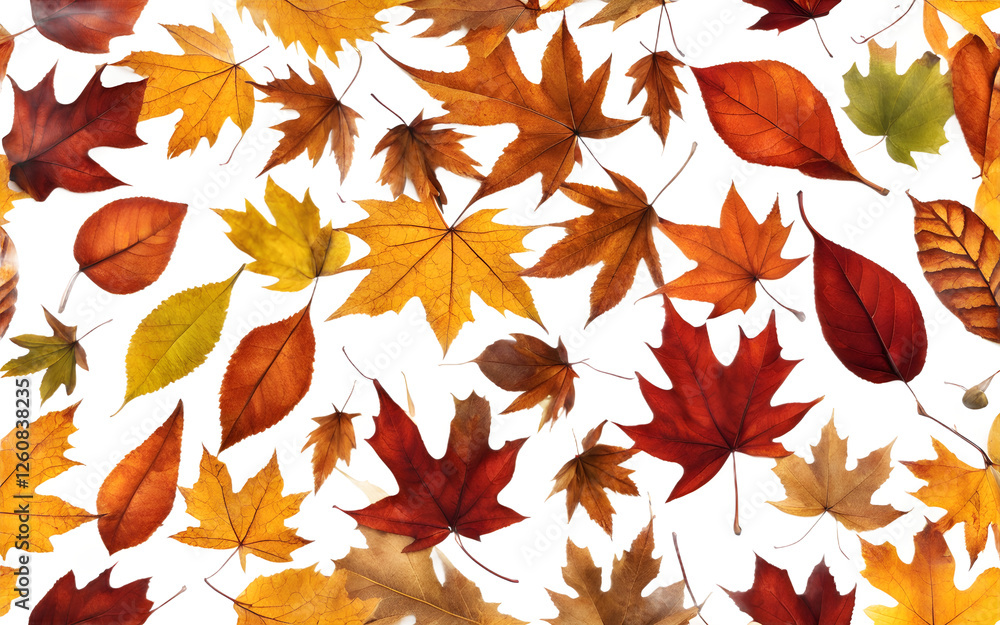 Poster a cluster of autumn leaves gently falling, isolated on a empty plain background