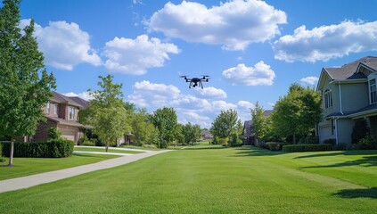 Obraz premium Drone Flight Over Suburbia: Aerial View of a Residential Neighborhood on a Sunny Day