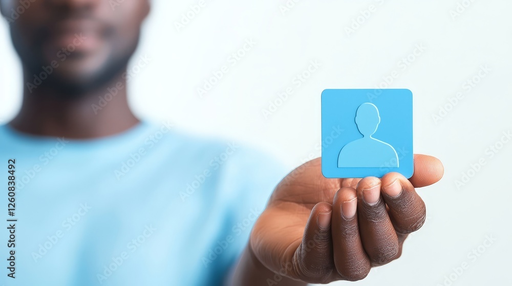 Poster man exploring digital space, interacting with a vibrant, floating blue square icon representing mode