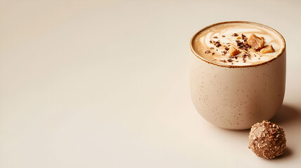 Delicious cappuccino with chocolate shavings and caramel chunks alongside a chocolate truffle ball.