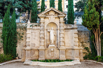 Fountain in Jardines del Doctor Pla i Armengol gardens in Barcelona, Catalonia, Spain, Europe