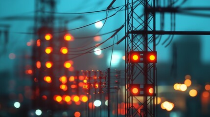 Power lines and lights in the dark. A smart electrical pylon is a small electrical pylon. Technology installed in a grid. Electrical wires and illumination lifestyle in the darkness.