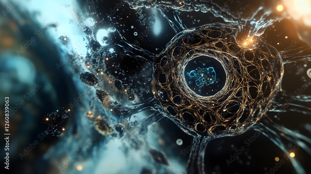 Aufkleber Futuristic digital fractal sphere with glowing interconnected particles in a dynamic cosmic space representing the interconnectivity and complexity of technology science and the universe