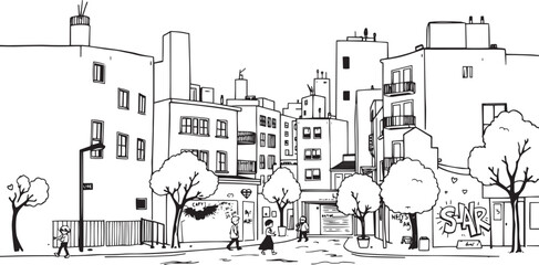 Obraz premium City landscape. Line urban backdrop. Different buildings on street, outline cityscape hand sketch, flat houses. Hand drawn vector illustration