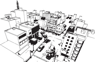 City landscape. Line urban backdrop. Different buildings on street, outline cityscape hand sketch, flat houses. Hand drawn vector illustration