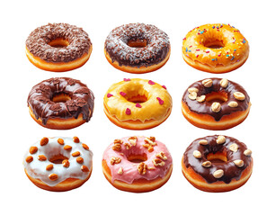 Delicious donuts and sweet bakery treats isolated on transparent background, png