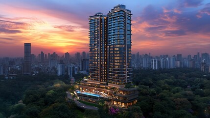 Luxury high-rise at sunset, city skyline, pool, green space; real estate marketing