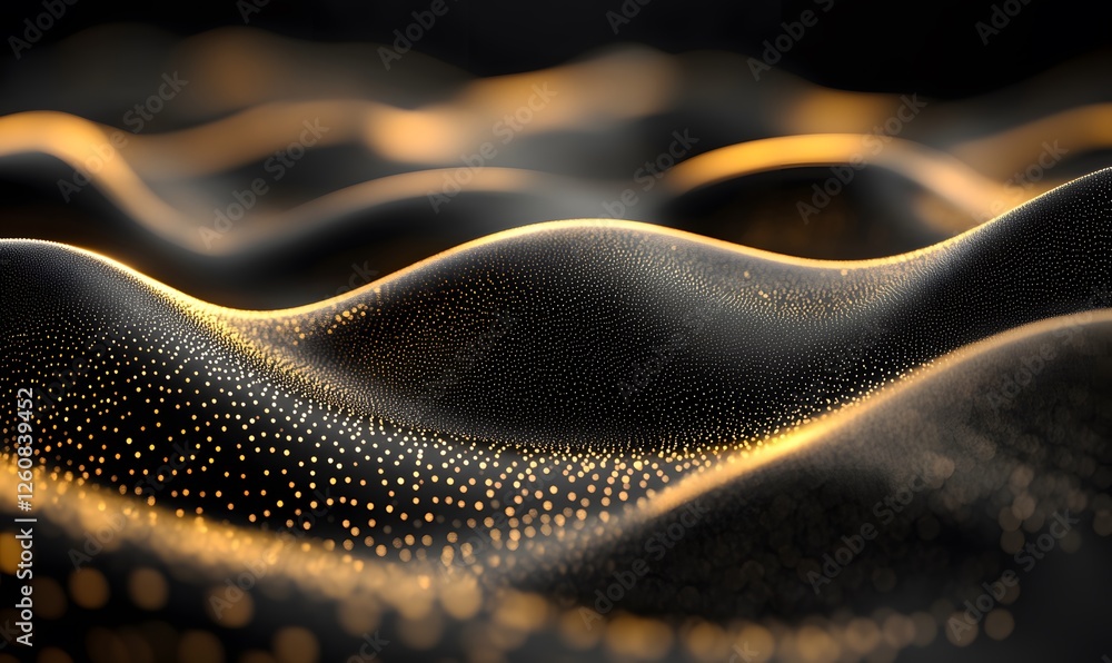 Poster abstract black and gold waves with luminous dots creating a flowing and dynamic texture