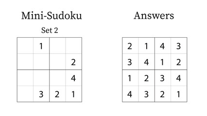 Mini Sudoku Puzzle 4x4 Set 2 for Kids Very Easy with Answers, Fun Brain Training Math Game for Kids, Vector