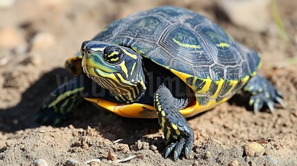Fototapeta premium Close-up of a colorful turtle on ground, natural habitat