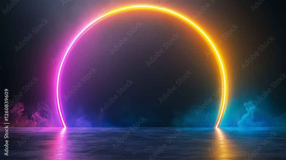 Poster a vibrant circular neon light arcs over a misty landscape, creating an ethereal and colorful atmosph