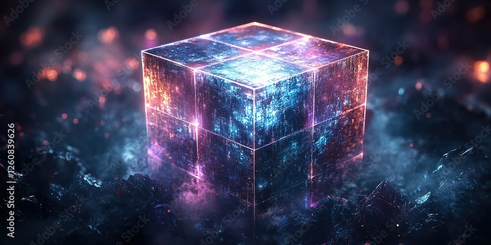 Poster colorful glowing cube surrounded by cosmic elements in a dark environment