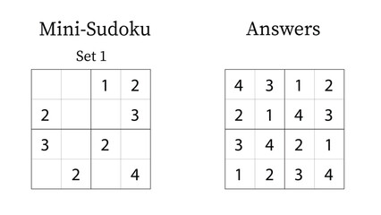 Mini Sudoku Puzzle 4x4 Set 1 for Kids Very Easy with Answers, Fun Brain Training Math Game for Kids, Vector