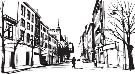 City landscape. Line urban backdrop. Different buildings on street, outline cityscape hand sketch, flat houses. Hand drawn vector illustration