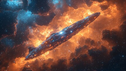 Alien spacecraft in fiery nebula, possible use for sci-fi background